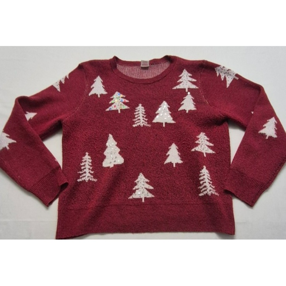 Holiday Time women's red Christmas tight knit Sweater White Trees sequin sz XL